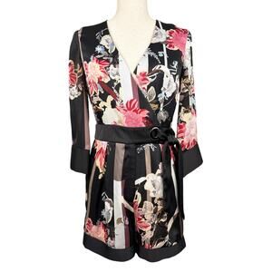 Topshop Floral Wrap Romper Belted Black Long Sleeve Size 4